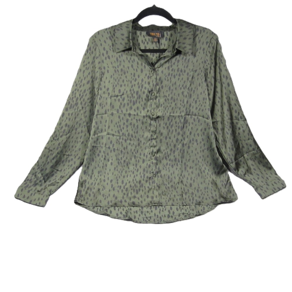 Truth Republic Blouse L Olive Cheetah Print Silky Office Business Casual NEW $68